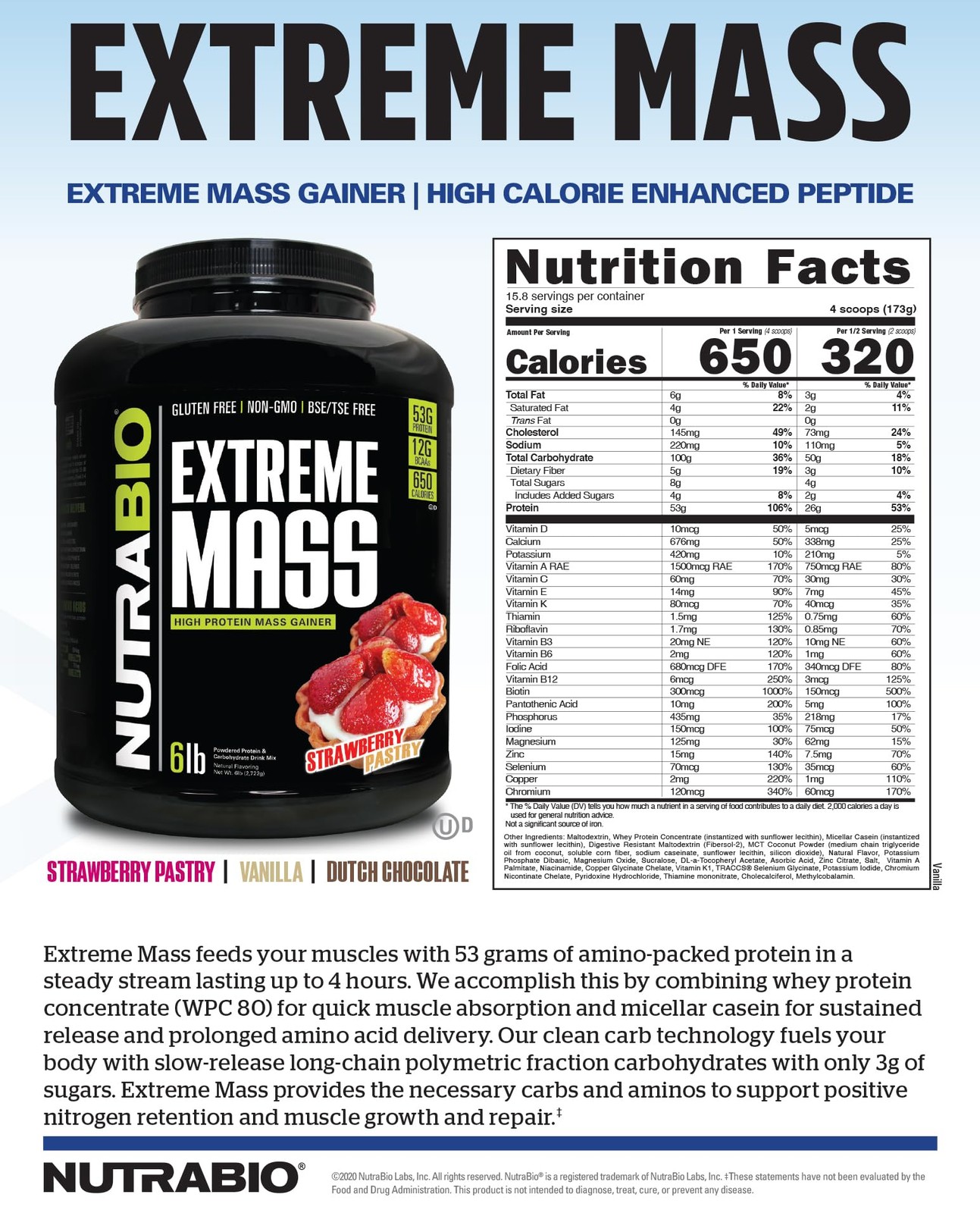 NutraBio Extreme Mass Gainer Protein Powder, 53G Protein, Clean Weight Gainer,
