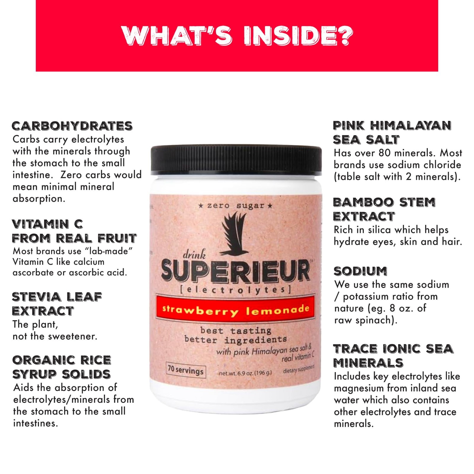 Electrolyte Powder Strawberry Lemon – 70 Servings, Plant-Based, Zero Sugar, Keto