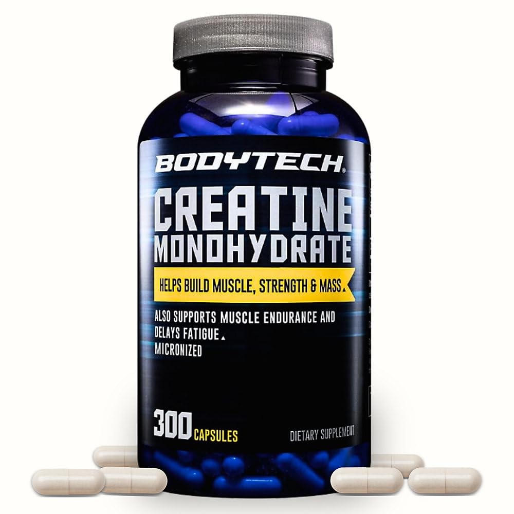 BodyTech Creatine Monohydrate Capsules, 300 Count (Pack of 1), No Color
