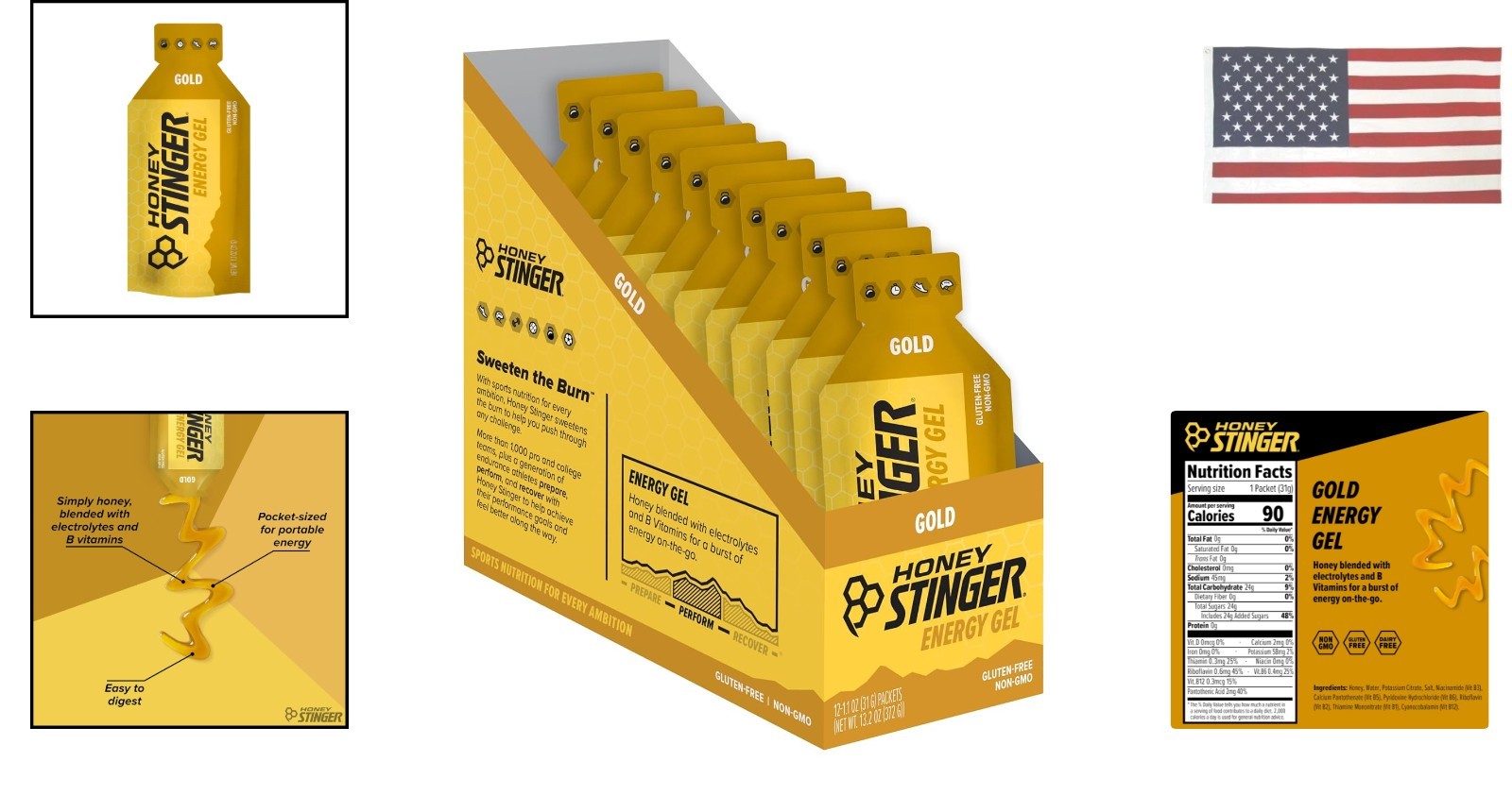 Gold Energy Gel 12 Pack, Honey-Based, Gluten Free & Caffeine Free, 1.1 oz Eac…