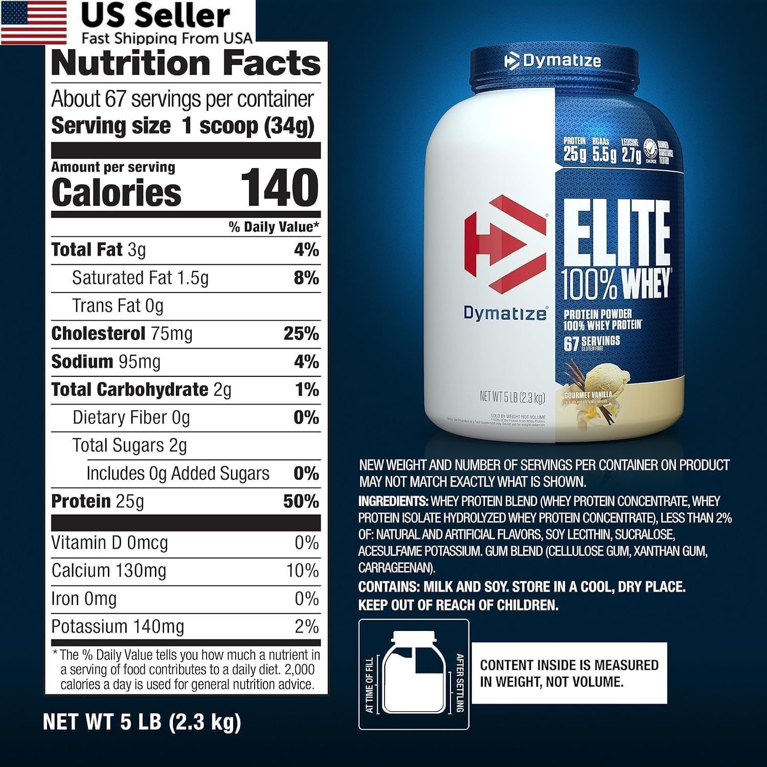 Dymatize Elite 100% Whey Protein Powder, 5 Pound (Pack of 1), Gourmet Vanilla