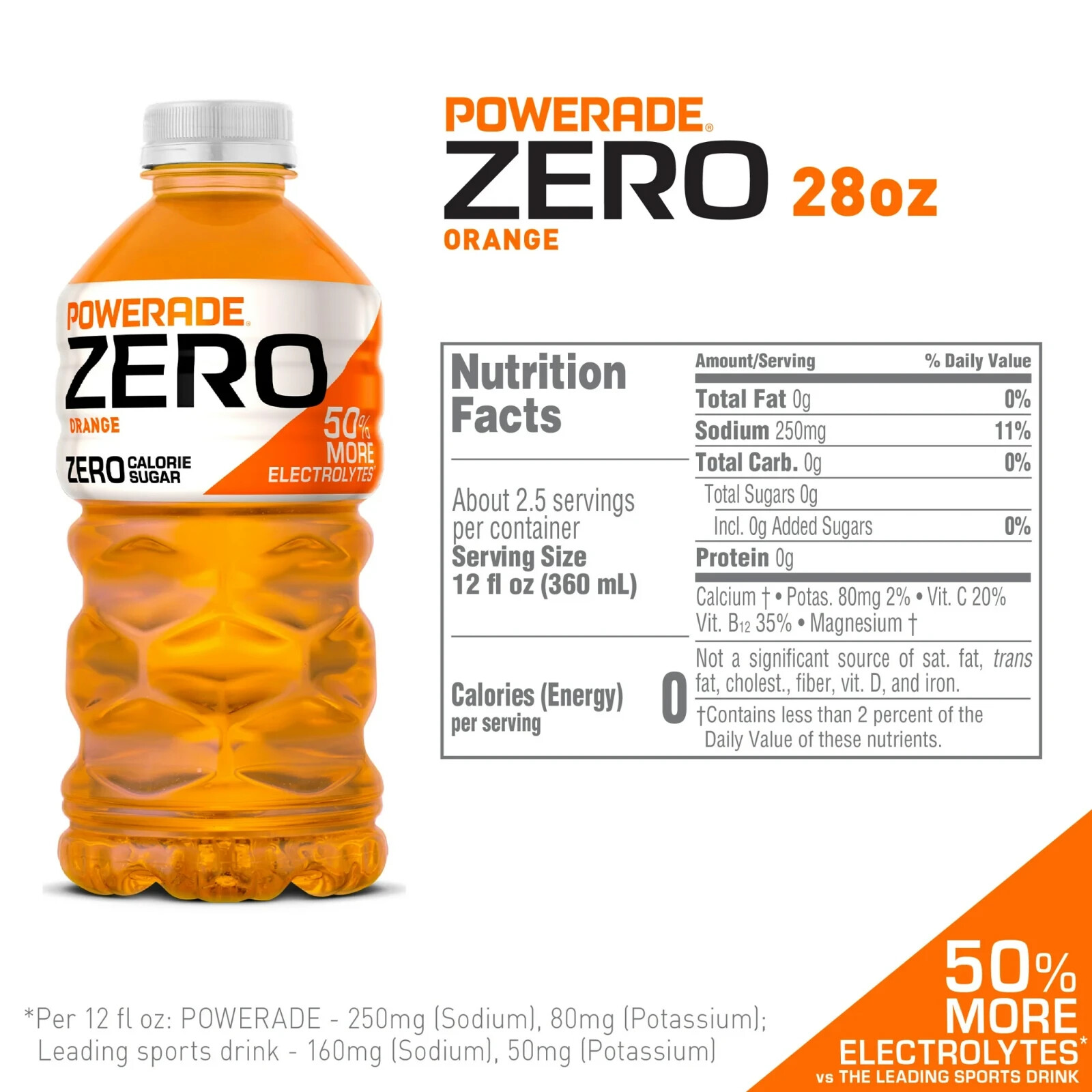 POWERADE Electrolyte Enhanced Zero Sugar Orange Sport Drink, 28 fl oz pack of 5
