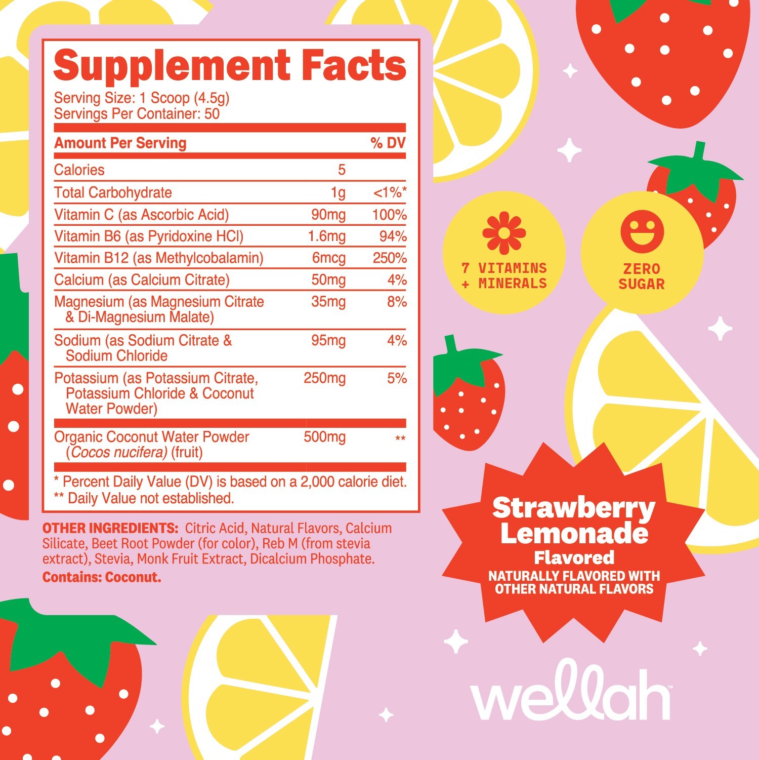 Wellah Electrolytes Powder (Strawberry Lemonade) 50 Servings – Hydration Drink