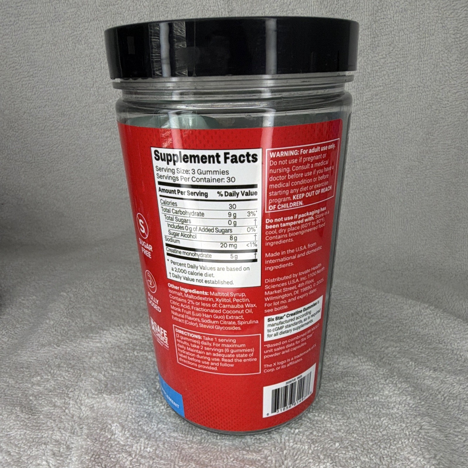 Six Star Creatine Monohydrate Gummies Blue Raspberry 5g Sugar-Free 90 Count