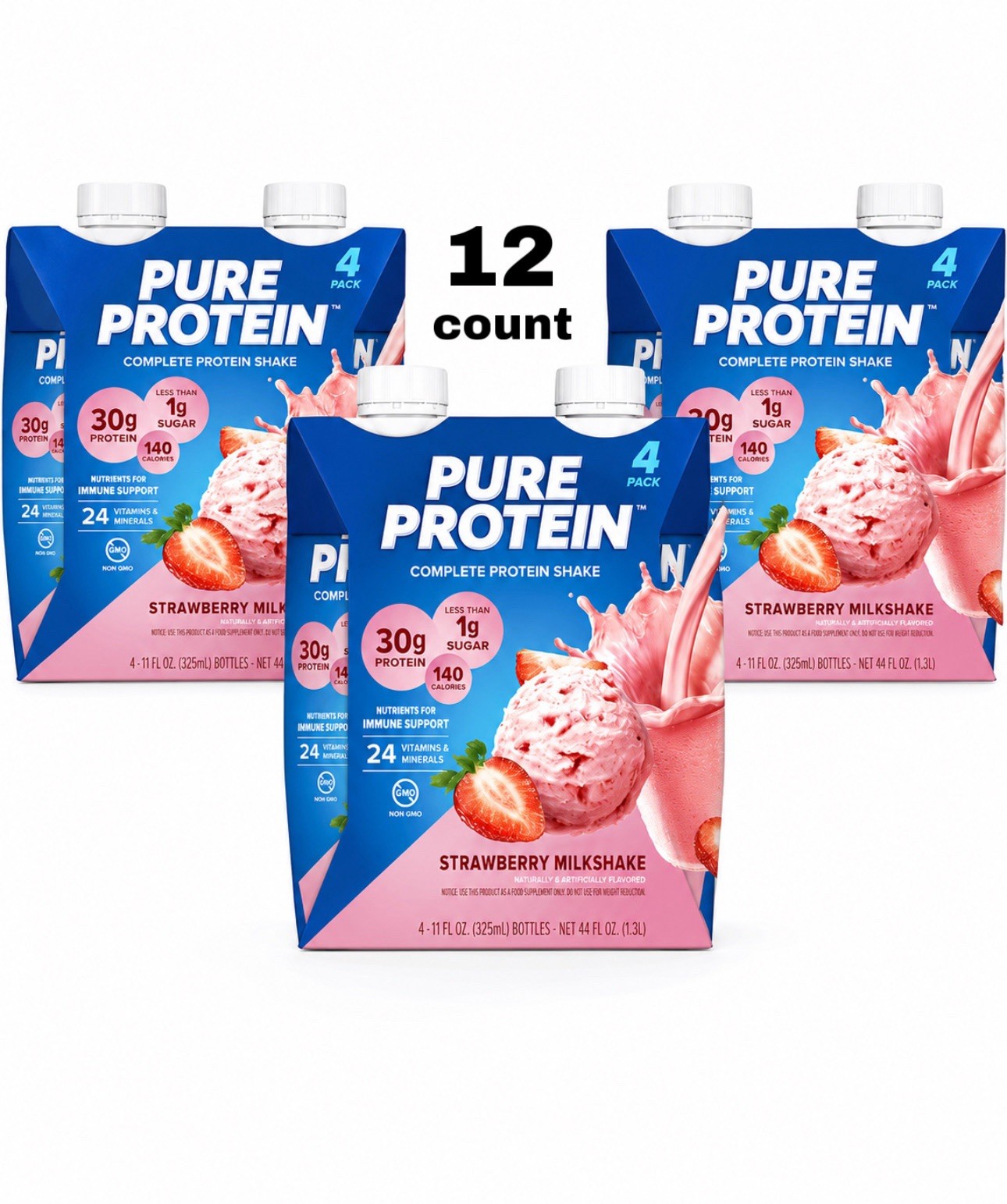 Pure Protein Strawberry Milkshake Complete Protein Shake, 11 fl oz, 12 Count