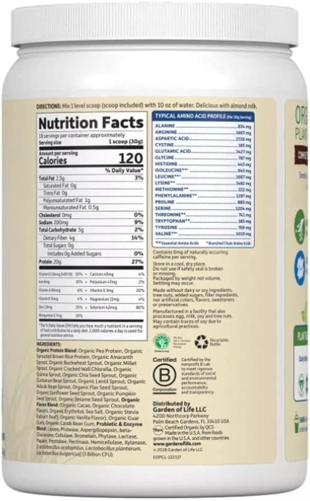 Pack 2 Garden of Life Organic Protein Plant Based Powder CHOCOLATE, 20 oz, 10/27