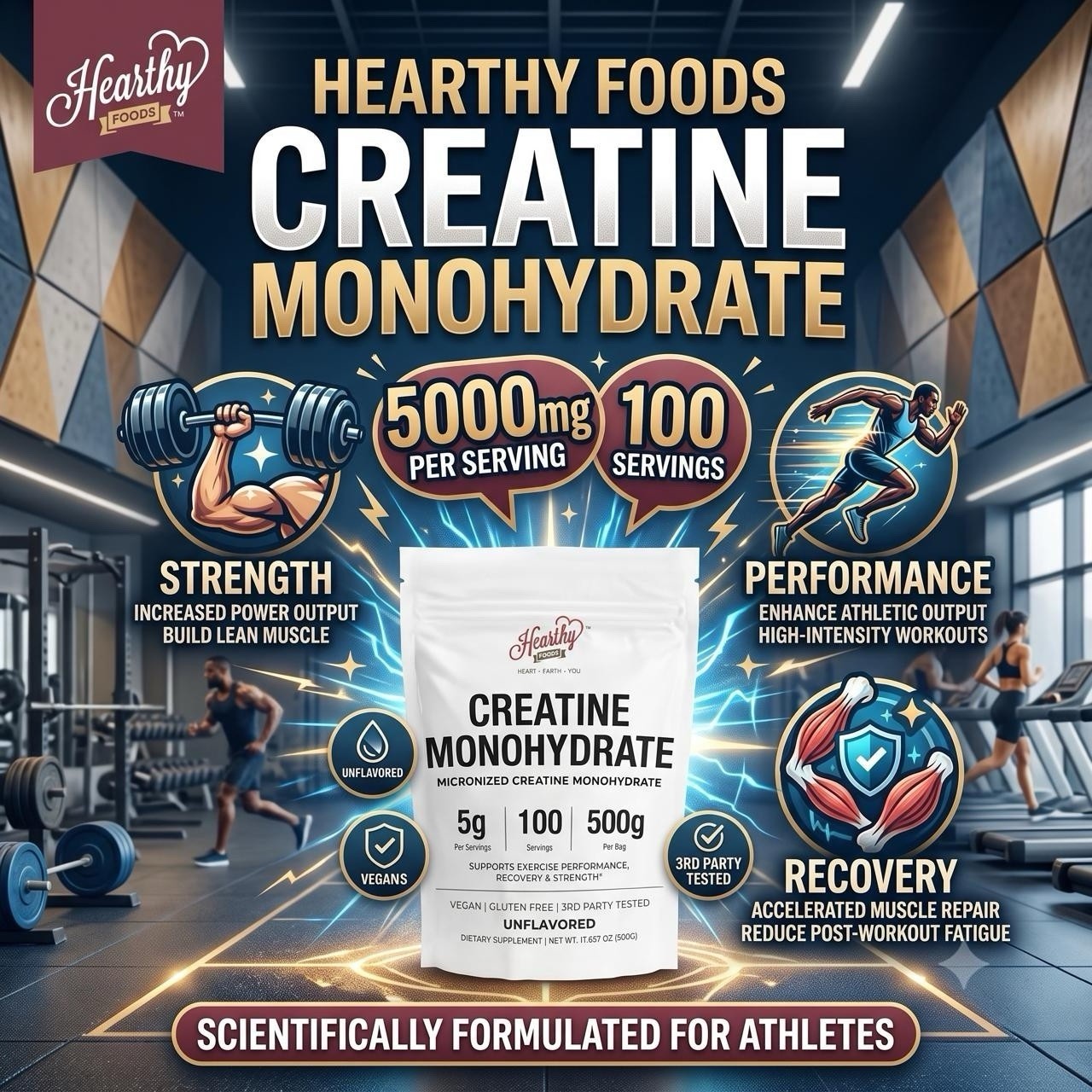 HEARTHY FOODS Creatine Monohydrate Micronized Powder 500G – 100 Servings, 5000mg