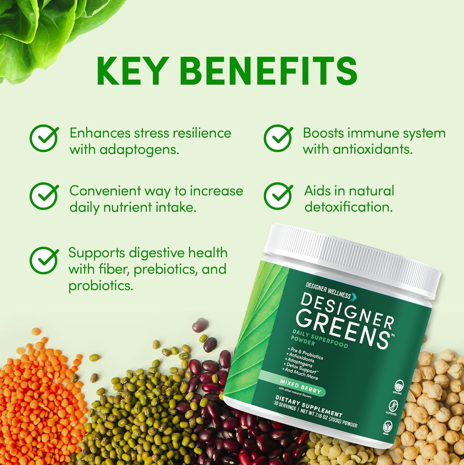 Designer Wellness, Designer Greens Superfood Powder with Prebiotics, Probiotics,