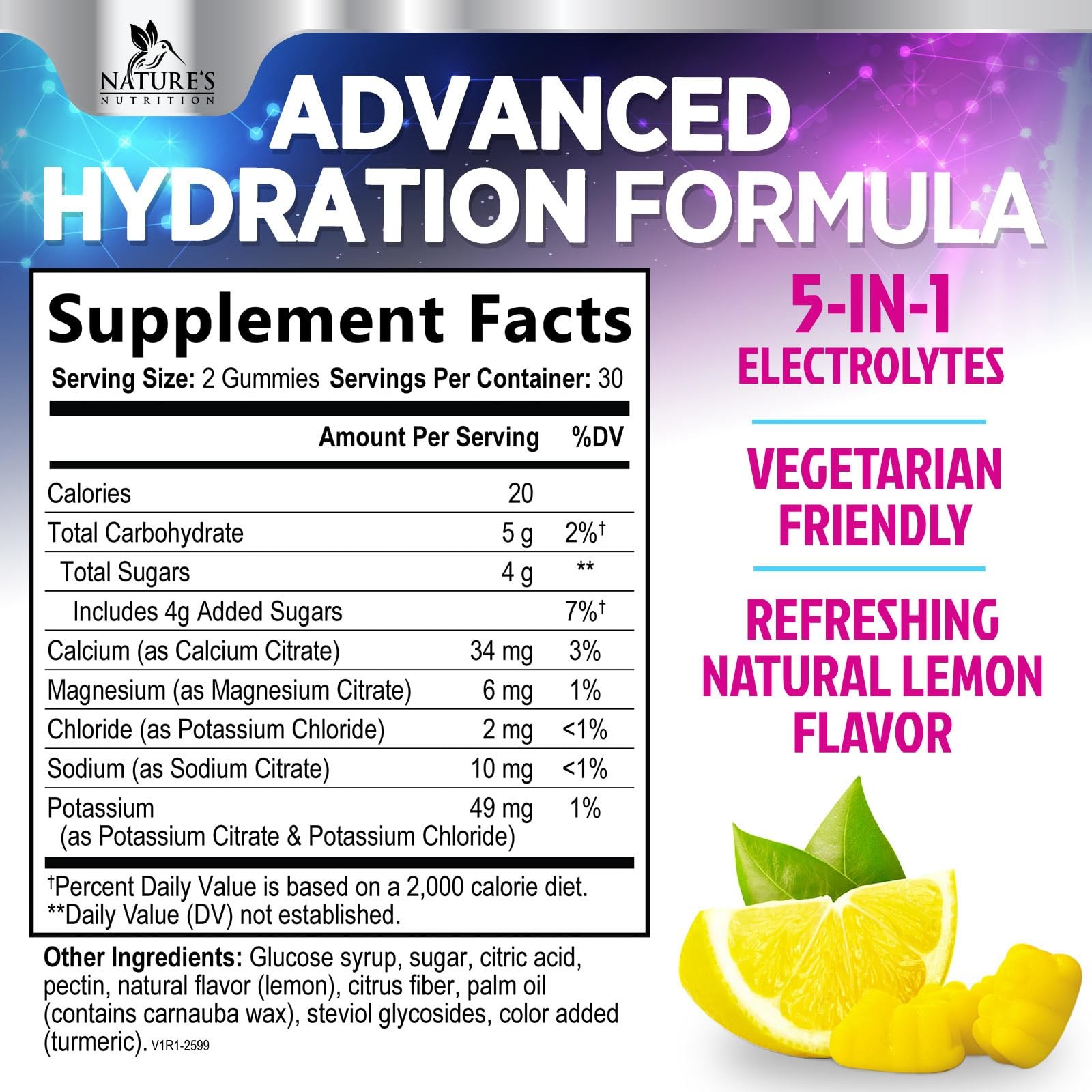 Hydration Electrolyte Gummies – Daily Liquid Replenisher 60 Count (Pack of 1)