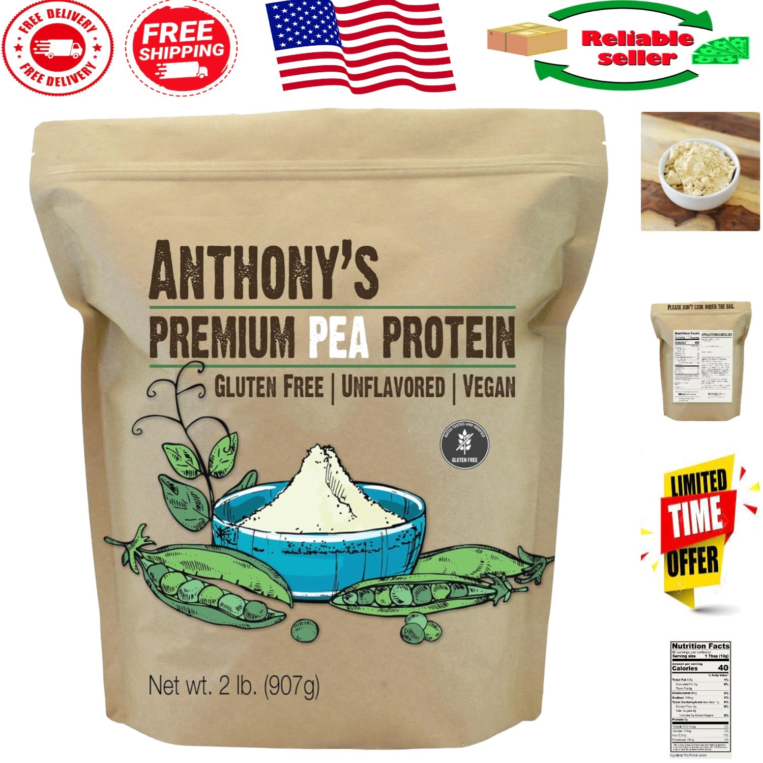 Plant-Based 2 lb Unflavored Pea Protein – Ideal for Smoothies & Baked Goods