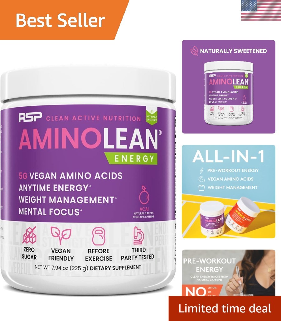 Naturally Sweetened AminoLean Pre Workout – Acai Flavor, 25 Servings, Zero Sugar