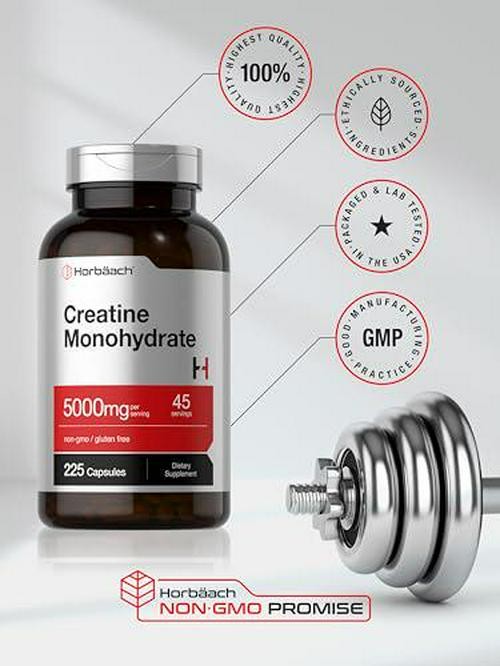 Horbäach Creatine Monohydrate | 5g | 225 Capsules | Non-GMO, Gluten Free