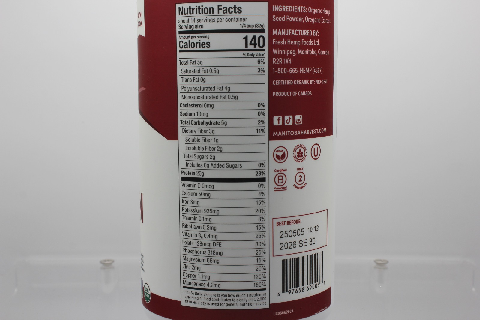 Manitoba Harvest Organic Unsweetened Max Plant Protein Powder, 20g, 14 Servings