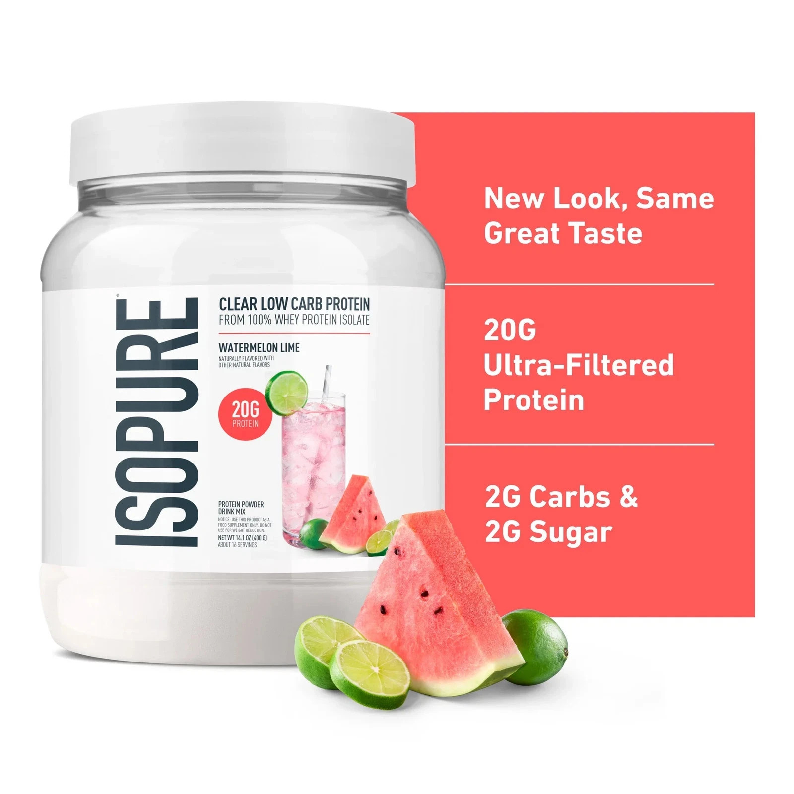 Isopure Clear Low Carb Whey Protein Powder, Watermelon Lime, 20g