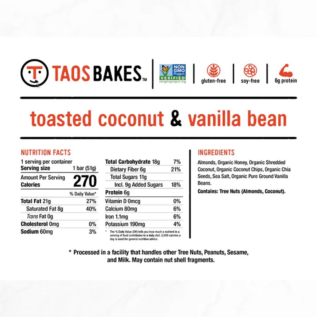 Taos Bakes Toasted Coconut Energy Bar – Gluten-Free, Non-GMO, Long-Lasting
