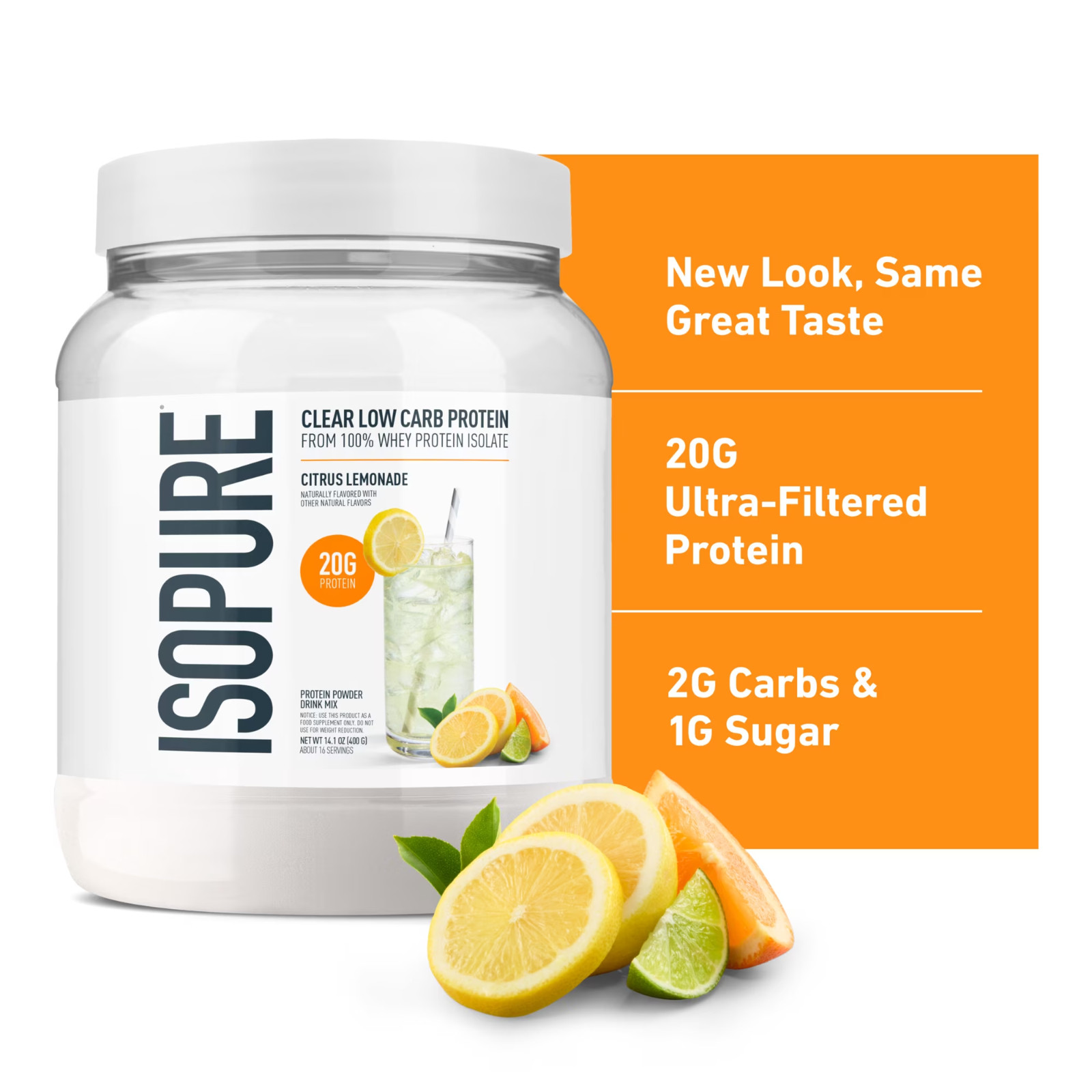 Isopure Clear Low Carb 100% Whey Protein Isolate Powder, 20g Protein,16 Servings