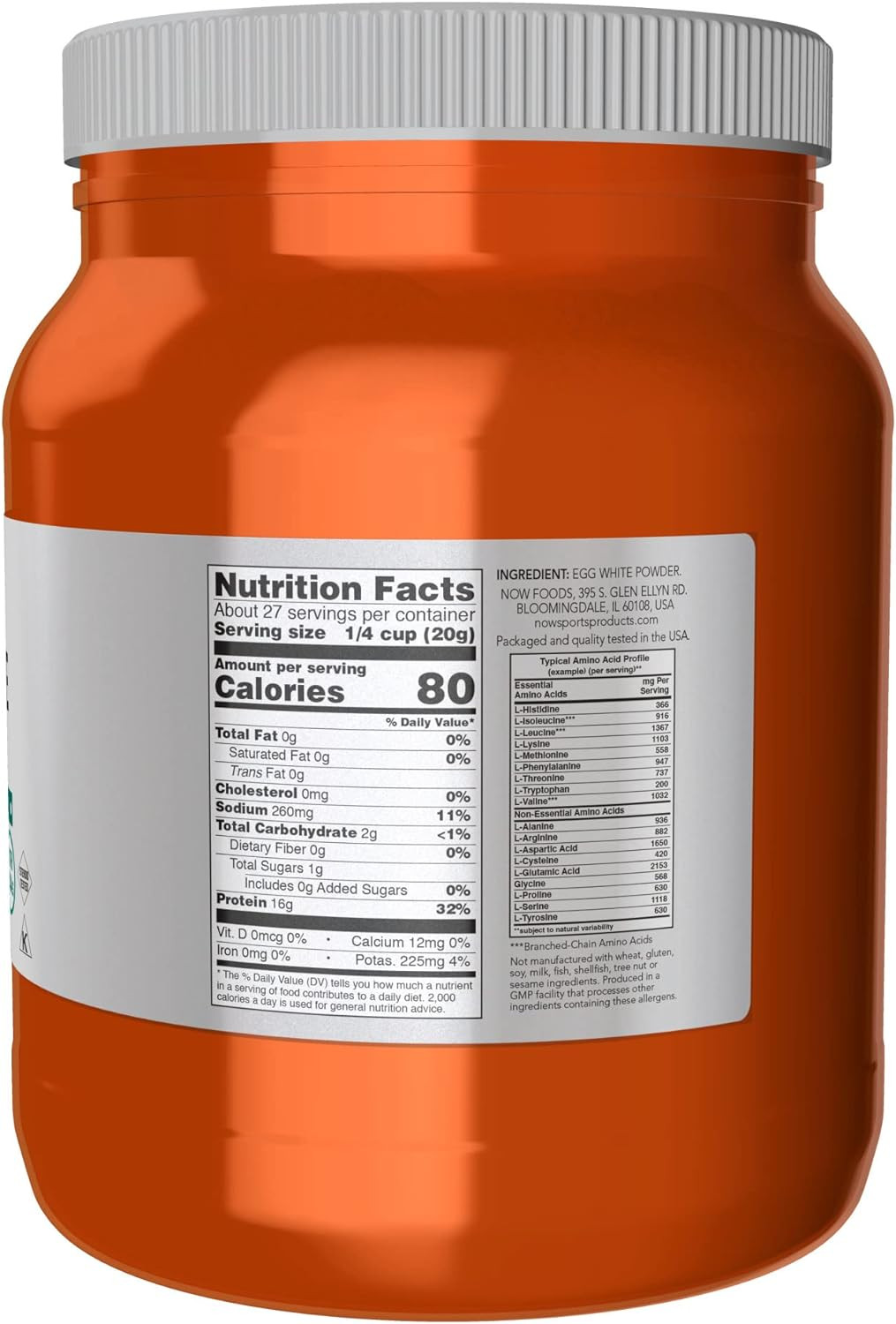 NOW Sports Egg White Protein Powder, 16 G with Bcaas, Unflavored, 1.2-Pound