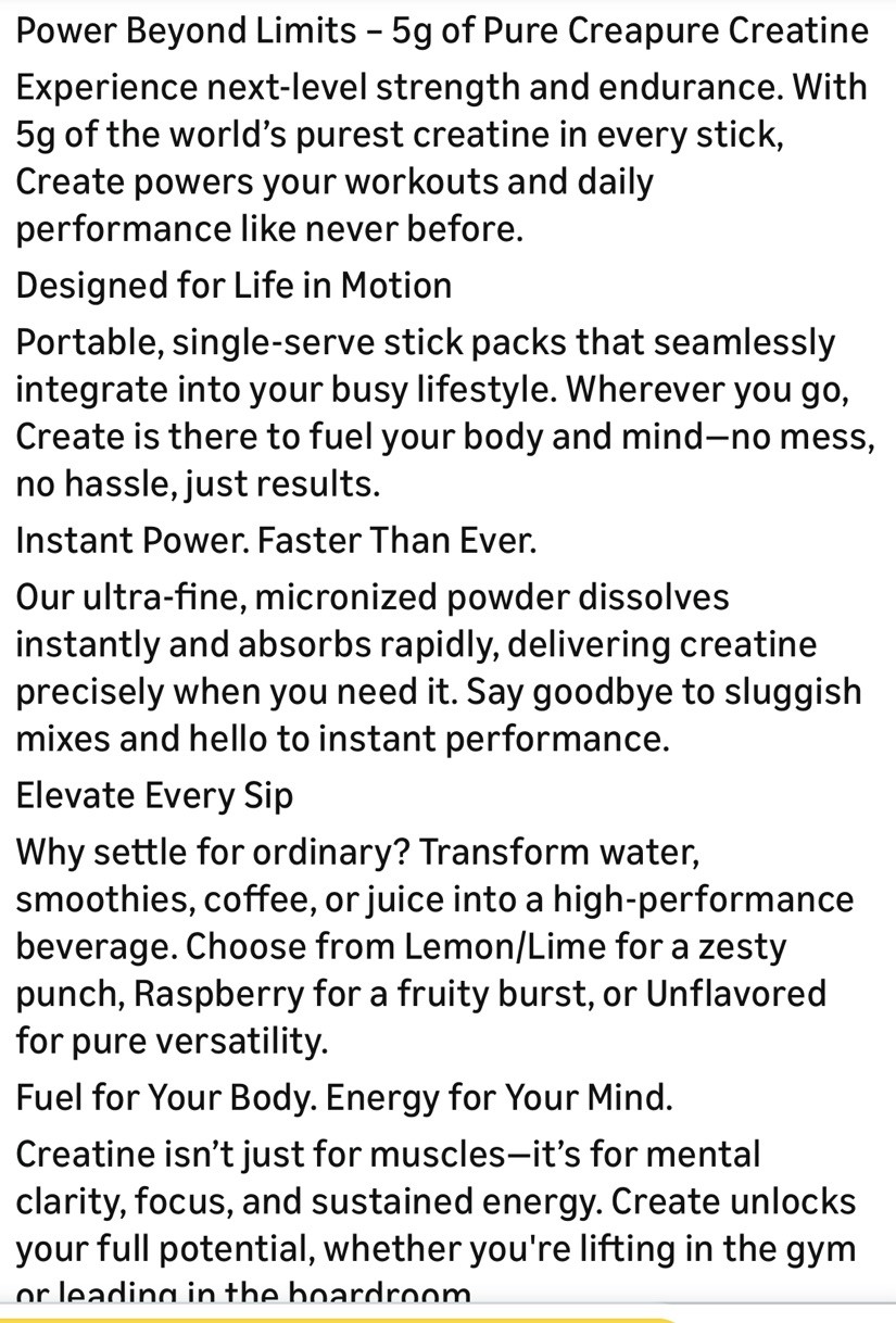 Create Creatine Monohydrate Powder Lemon Lime Dietary Supplement 30 sticks @ New
