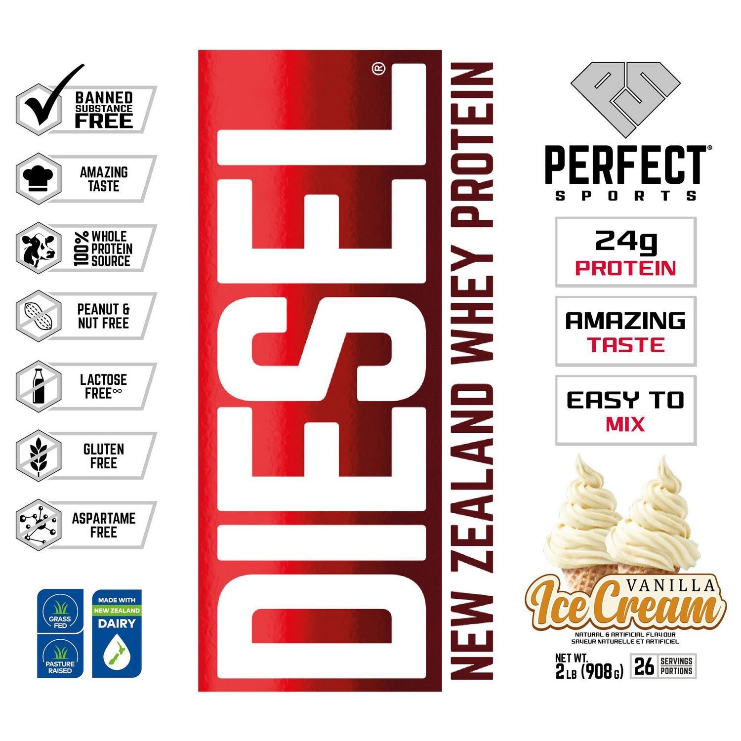AiWawa CA, PERFECT Sports Whey Protein Powder 2 lbs (908 g) 26 Servings