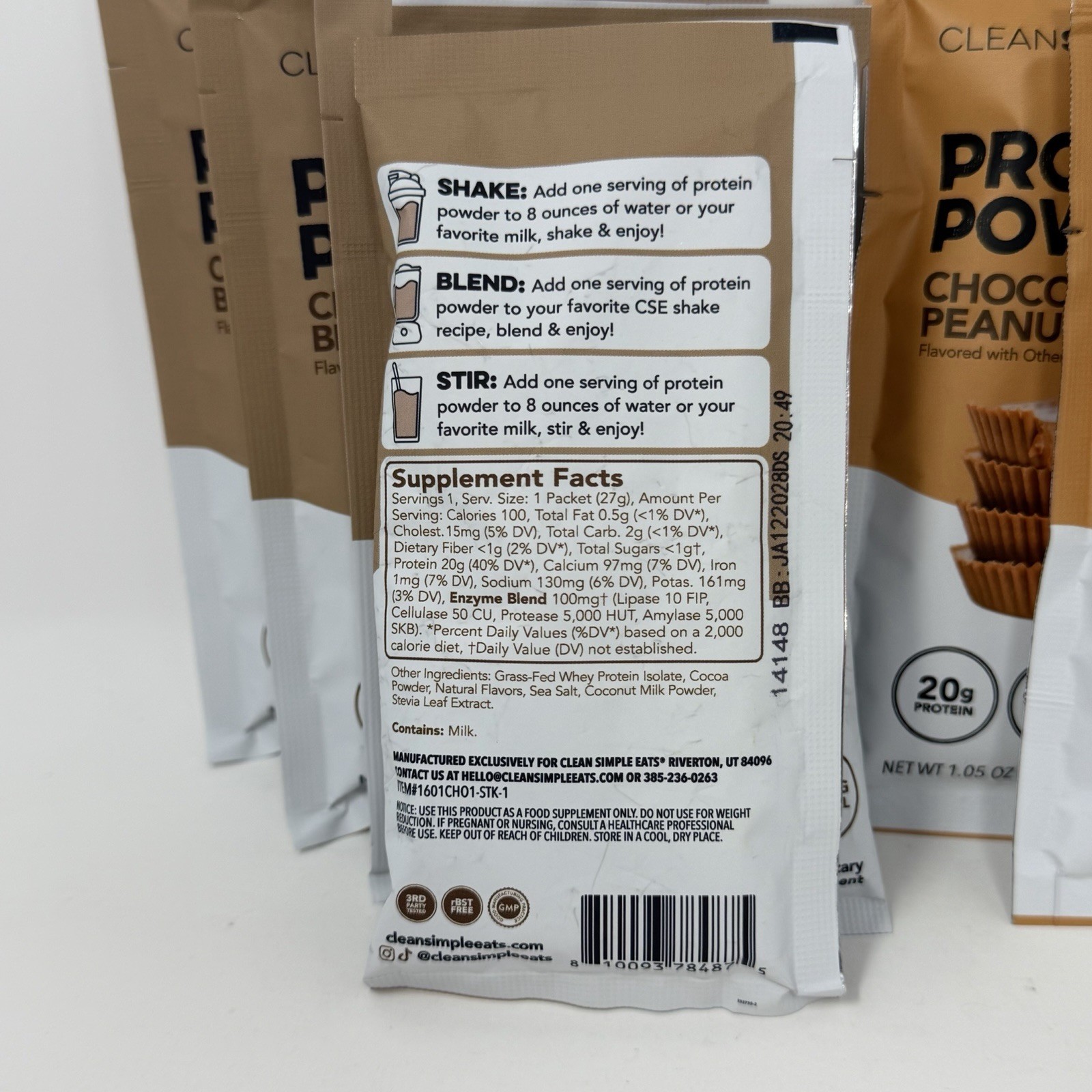CLEAN SIMPLE EATS Whey Protein Powder Variety of Single Serve 8ct CHOCOLATE