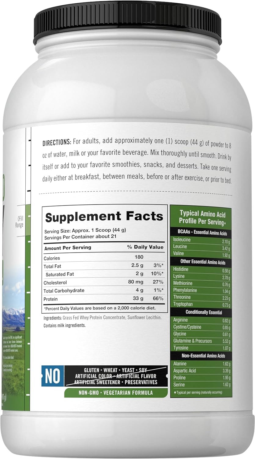 Grass Fed Whey Protein Powder 2Lb 33G of Protein per Serving Unflavored Sugar an