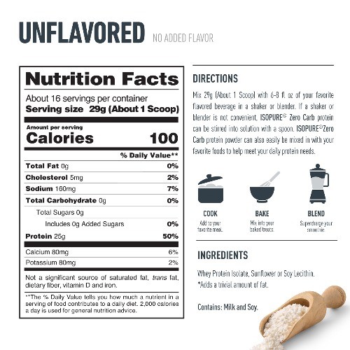 Isopure Zero Carb Protein Powder -1lb: Unflavored, 25g Whey Protein Isolate Per