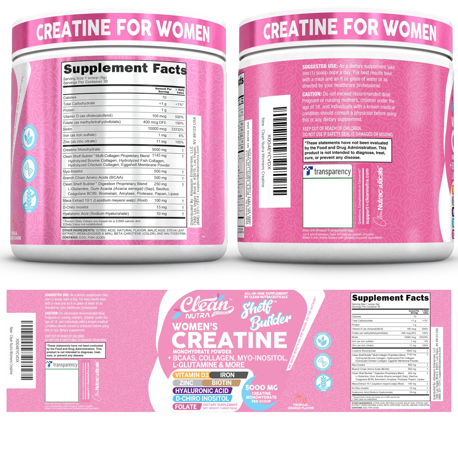 Monohidrato De Creatina Polvo BCAA Colágeno Biotina Ácido Hialurónico Para Mujer