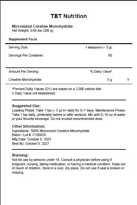 Creatine Monohydrate Powder Muscle Gain 5000mg Per Serv (5g) Made in USA 300 Gr