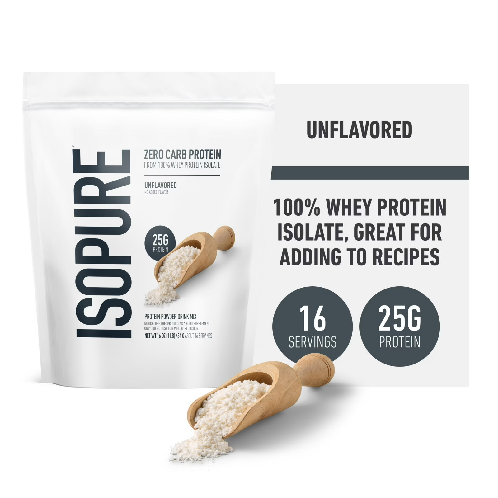 Isopure Zero Carb 100% Whey Protein Isolate Unflavored 25g 16 Servings
