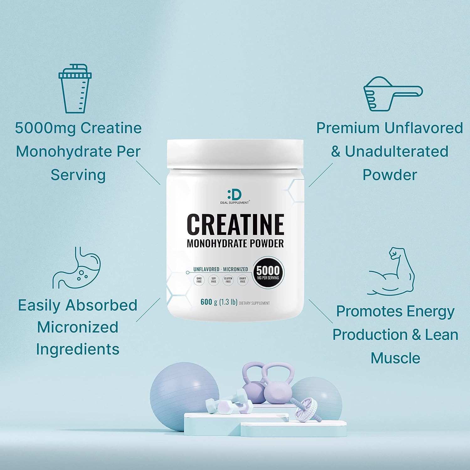 Creatine Monohydrate Powder 600 Grams (1.32Lb), Unflavored | Pure | Micronized