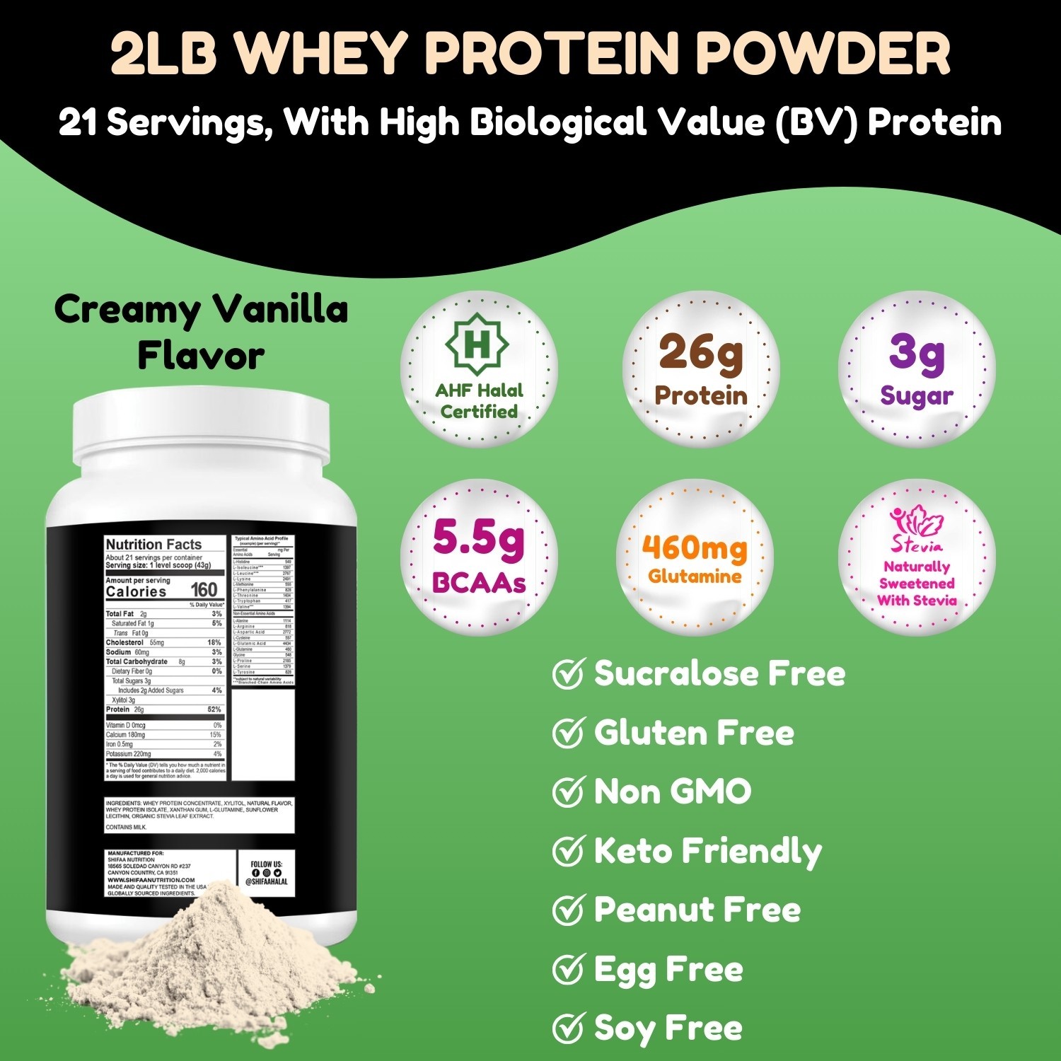 Delicious Creamy Vanilla Halal Whey Protein Powder 2Lbs | By SHIFAA NUTRITION