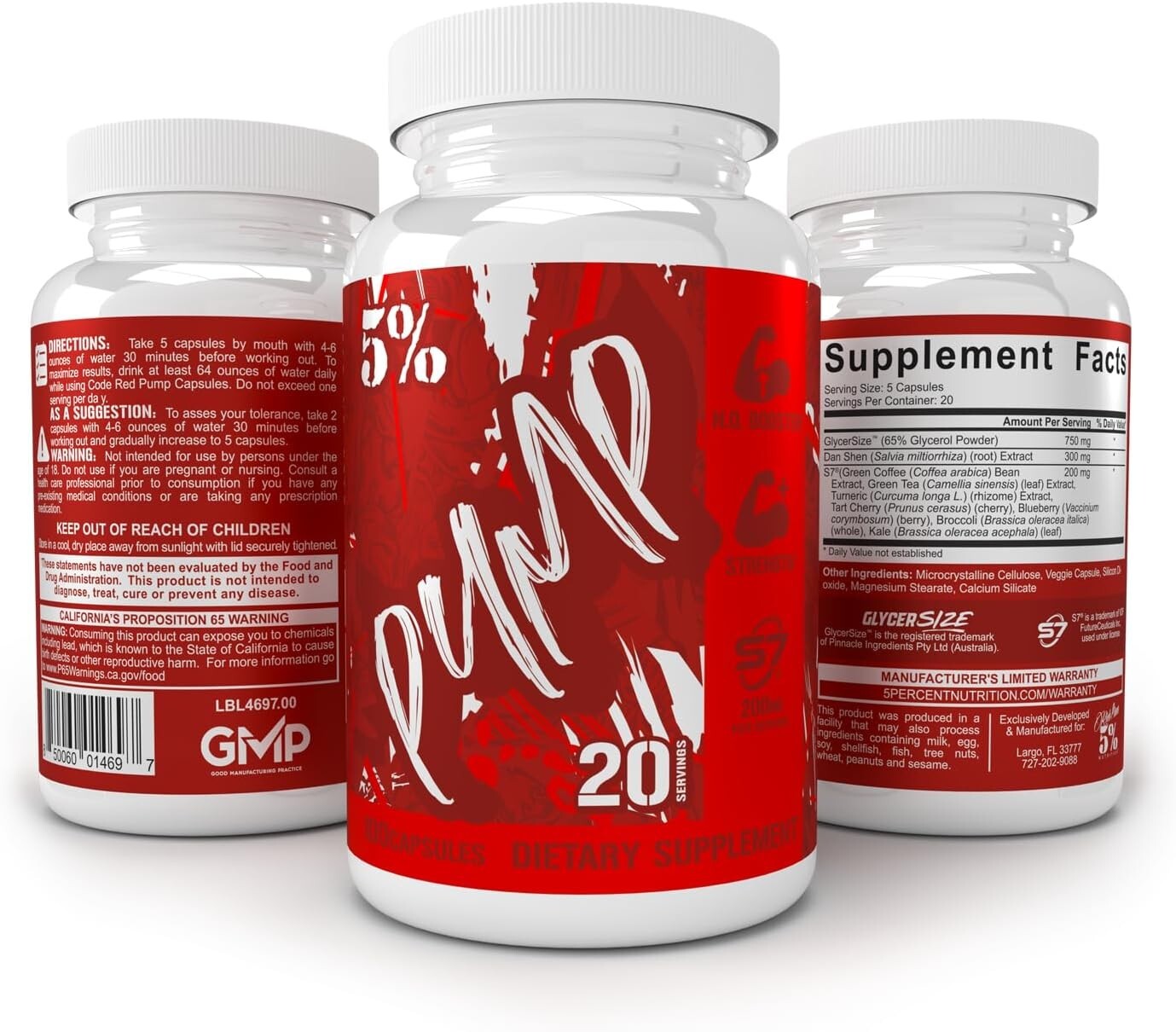 5% Nutrition Code Red Pump – Low Stim Pre Workout & Nitric Oxide Booster – 100ct