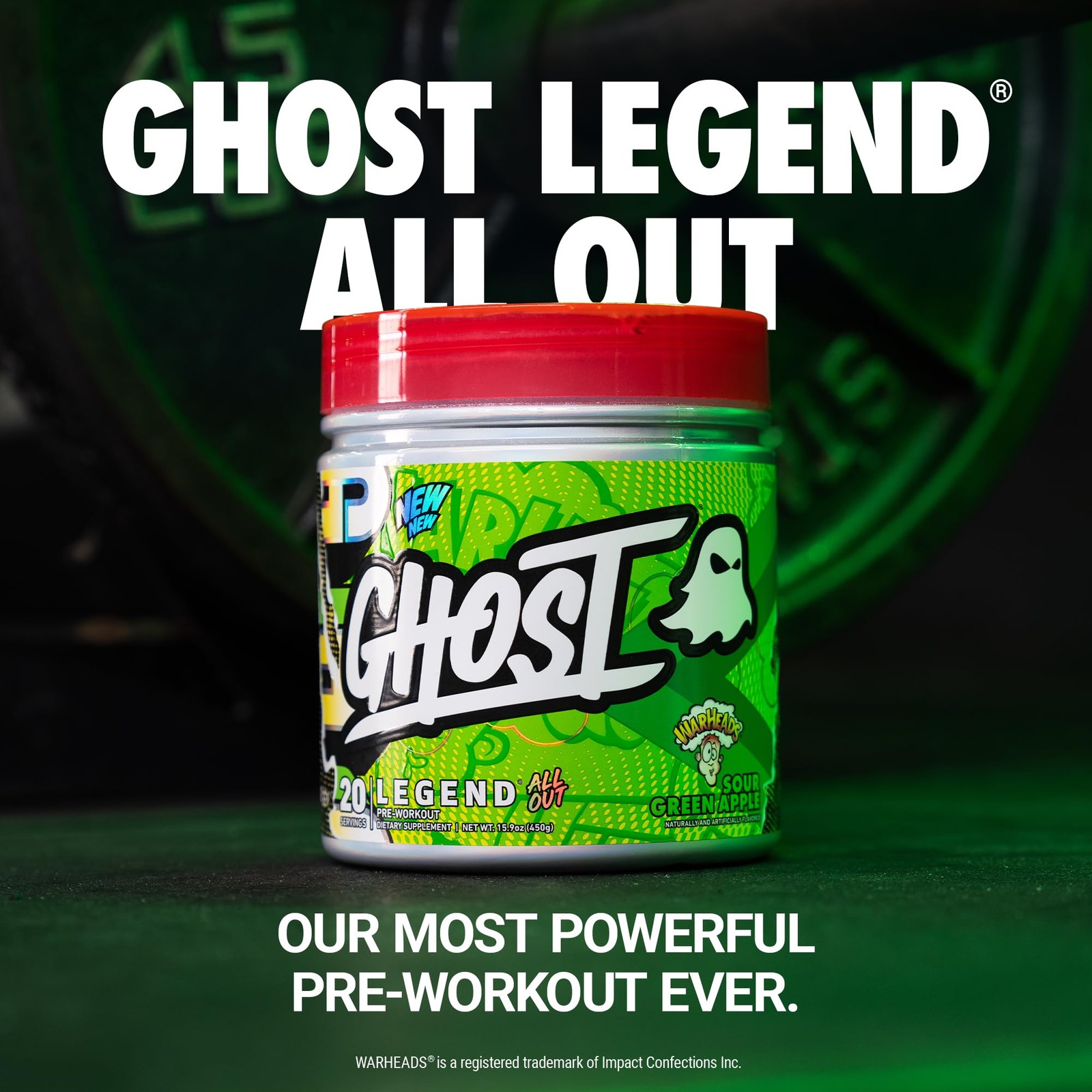 GHOST Legend All Out Pre Workout Powder Warheads Sour Green Apple 20 Servings
