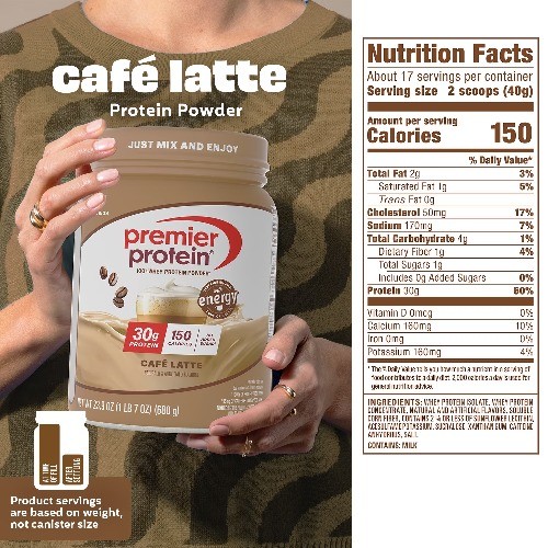 Premier Protein 100% Whey Protein Powder, Café Latte, 30g Protein, 23.9 oz,1.5lb