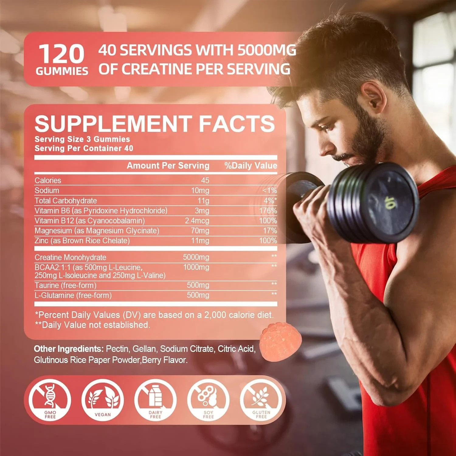 2 x Creatine Monohydrate Gummies 200000mg w/Taurine 500mg L-Glutamine,Berry-240