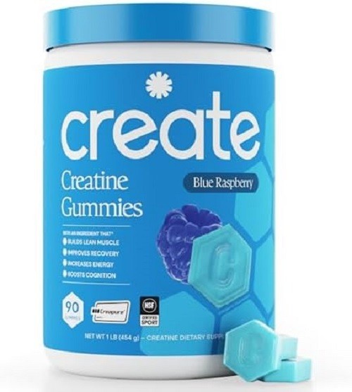 Create Creatine Gummies 1.5g Focus Strength Endurance Vegan Blue Raspberry 90ct