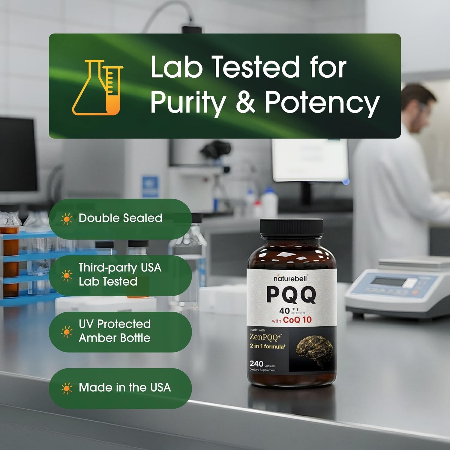 NatureBell PQQ with CoQ10-240 Capsules – 40mg Active PQQ with 10mg Coenzyme Q10