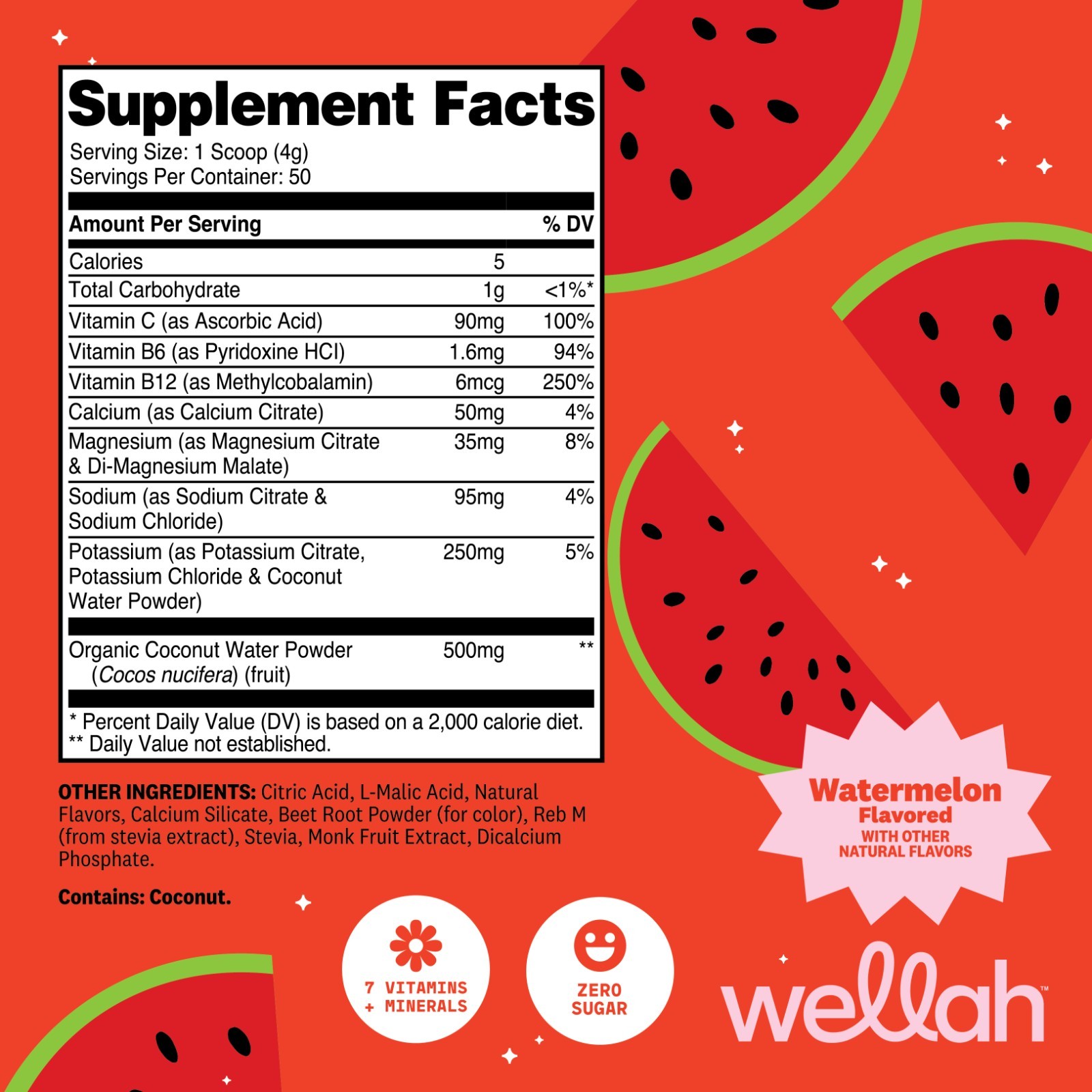 Wellah Electrolytes Powder (Watermelon) 50 Servings – Hydration Drink Mix