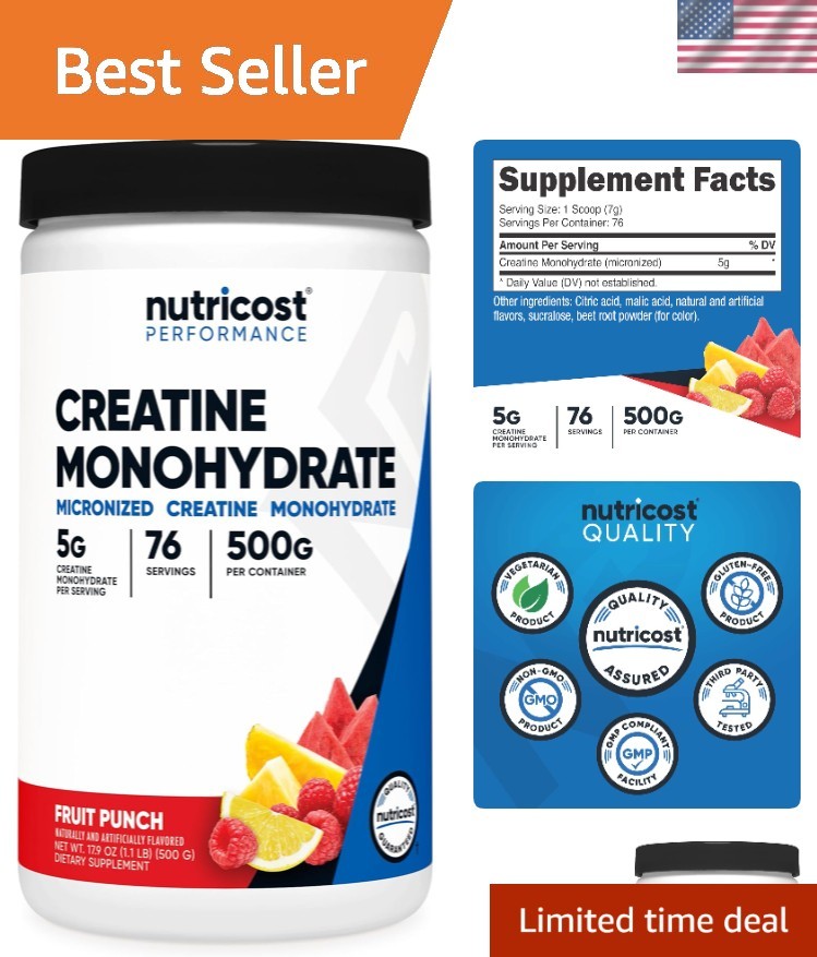 Micronized Creatine Monohydrate Powder, 500g in Fruit Punch Flavor – 71 Servings