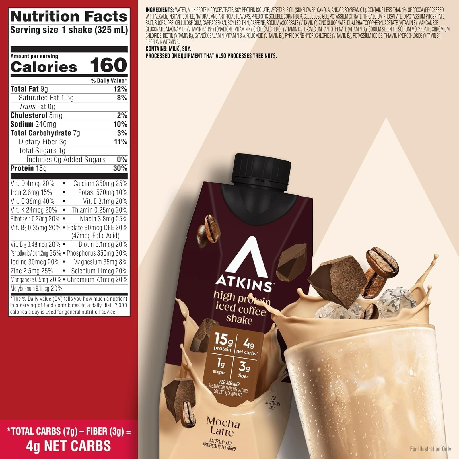 Atkins Mocha Latte High Protein Shake 12 Count | 15g Protein, 4g Carbs