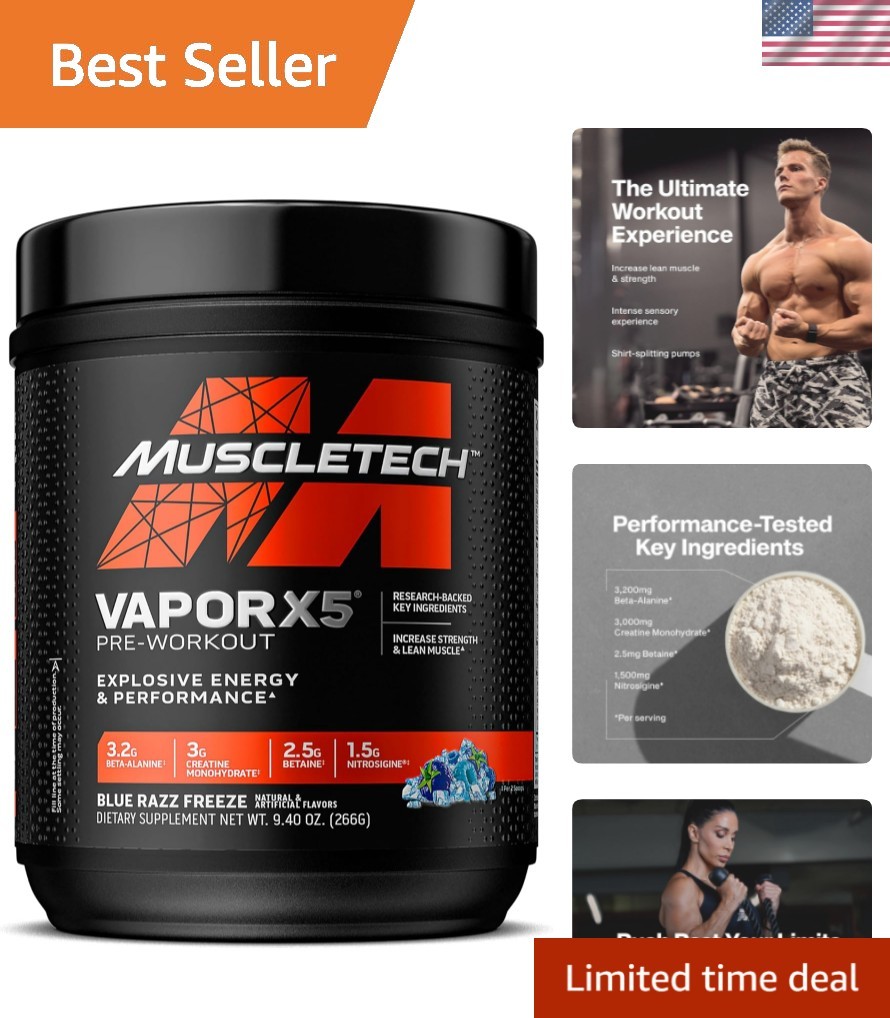 Vapor X5 Pre-Workout Powder – Blue Razz Freeze, 30 Servings of Intense Energy