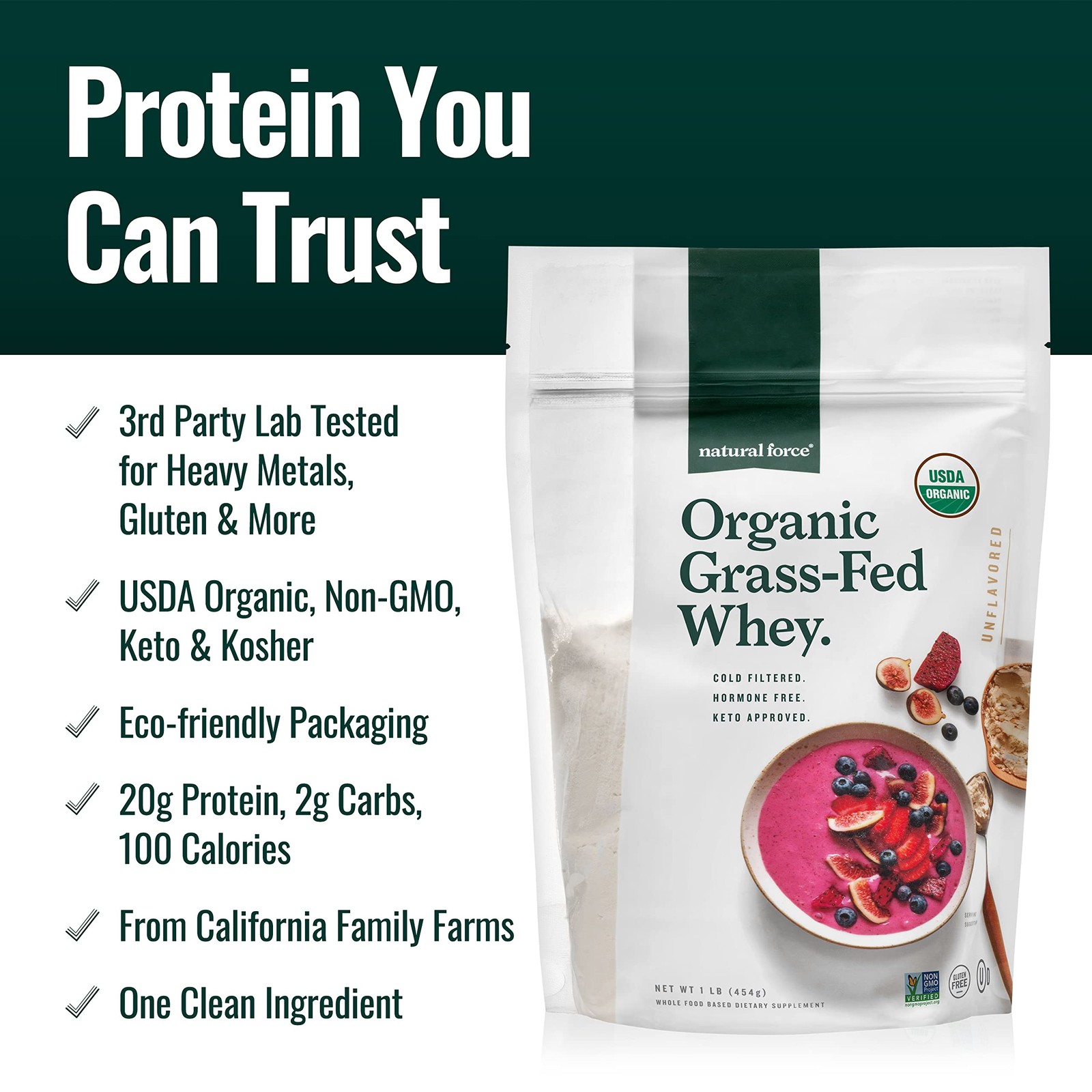 Natural Force Grass Fed Organic Whey Protein Powder – Non 1 Pound (Pack of 1)