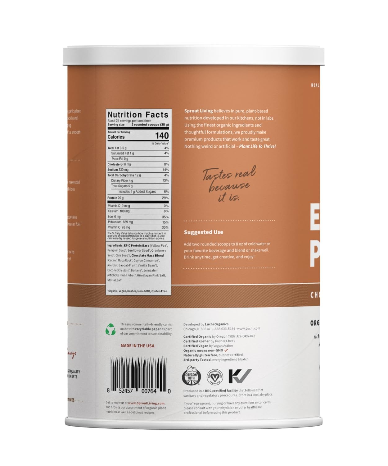 Sprout Living Epic Protein Powder, Chocolate Maca, Plant Based, Superfoods, 2lb