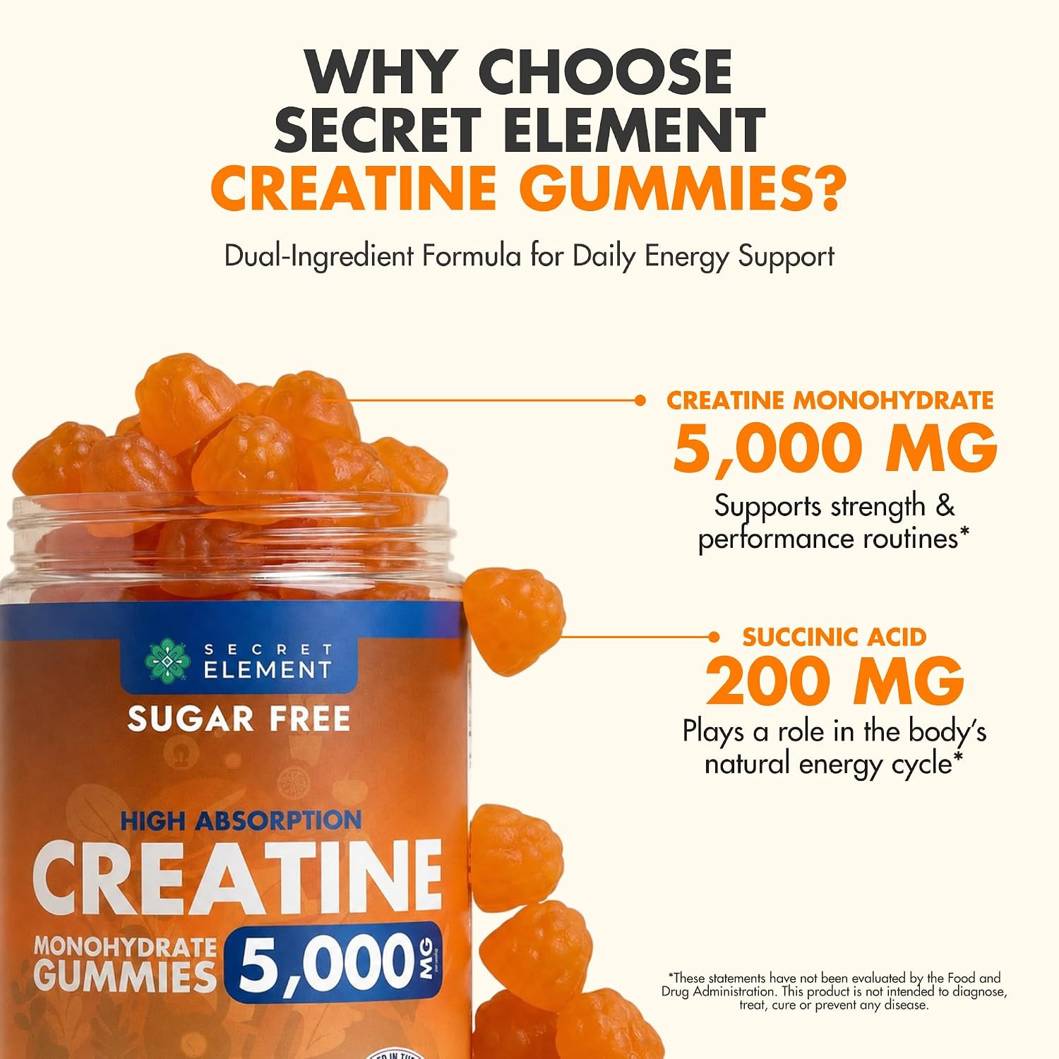 Secret Element Creatine Monohydrate Gummies 5000 mg per Serving, Sugar Free Vega