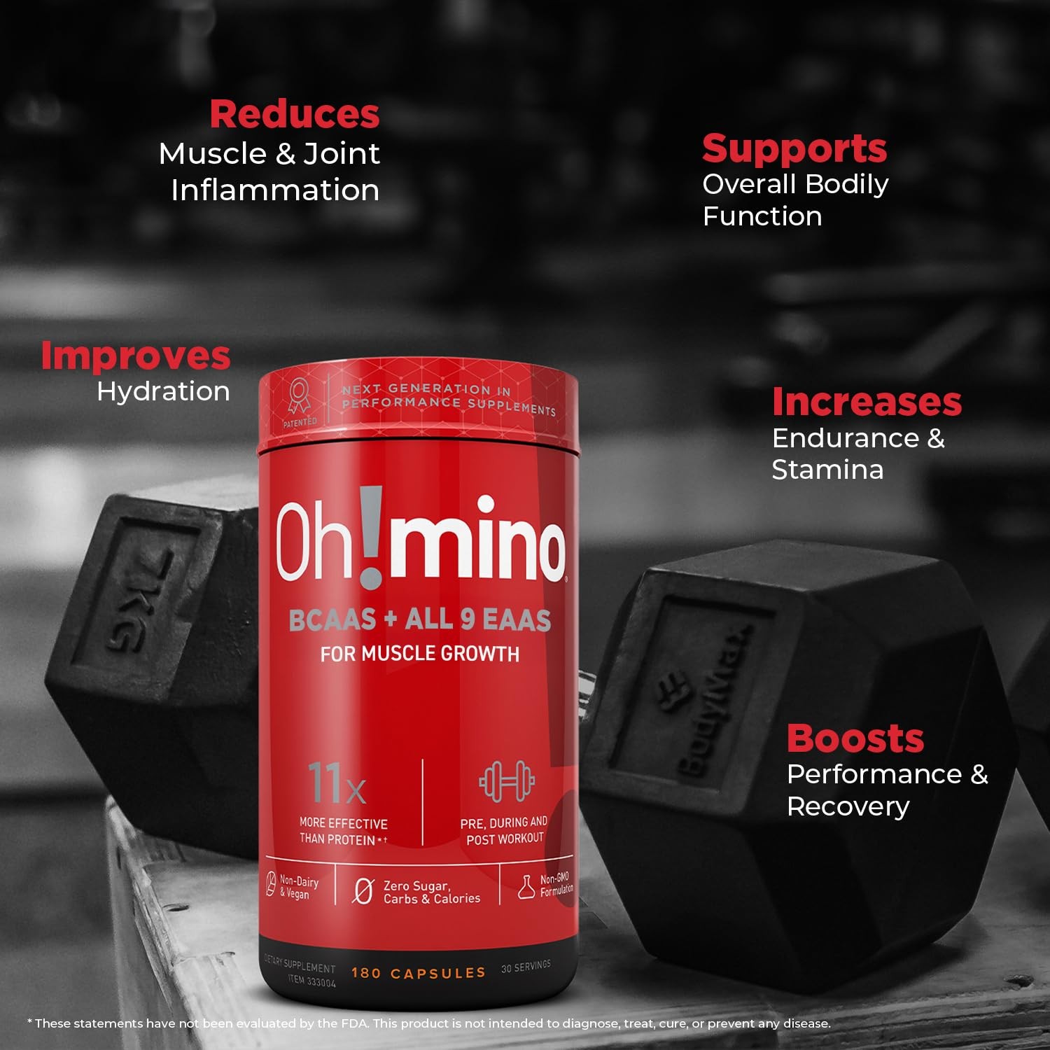 Ohmino Essential Amino Acids Supplement, Caffeinated Capsules, All 9 EAAs, BC…