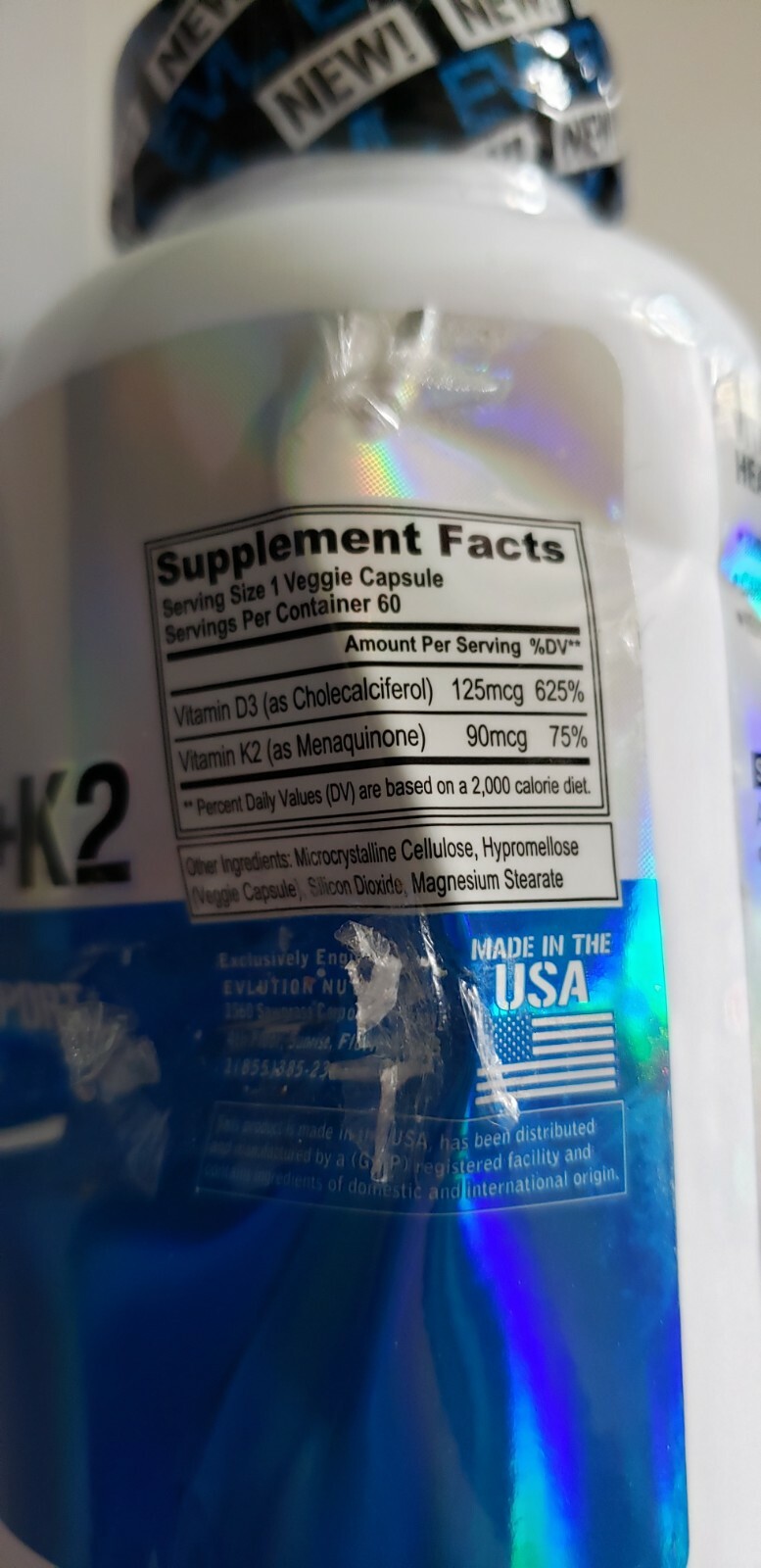 Evlution Nutrition – Vitamin D3+K2 – 60 Veg Caps – Cardio/Bone Support – 12/2026