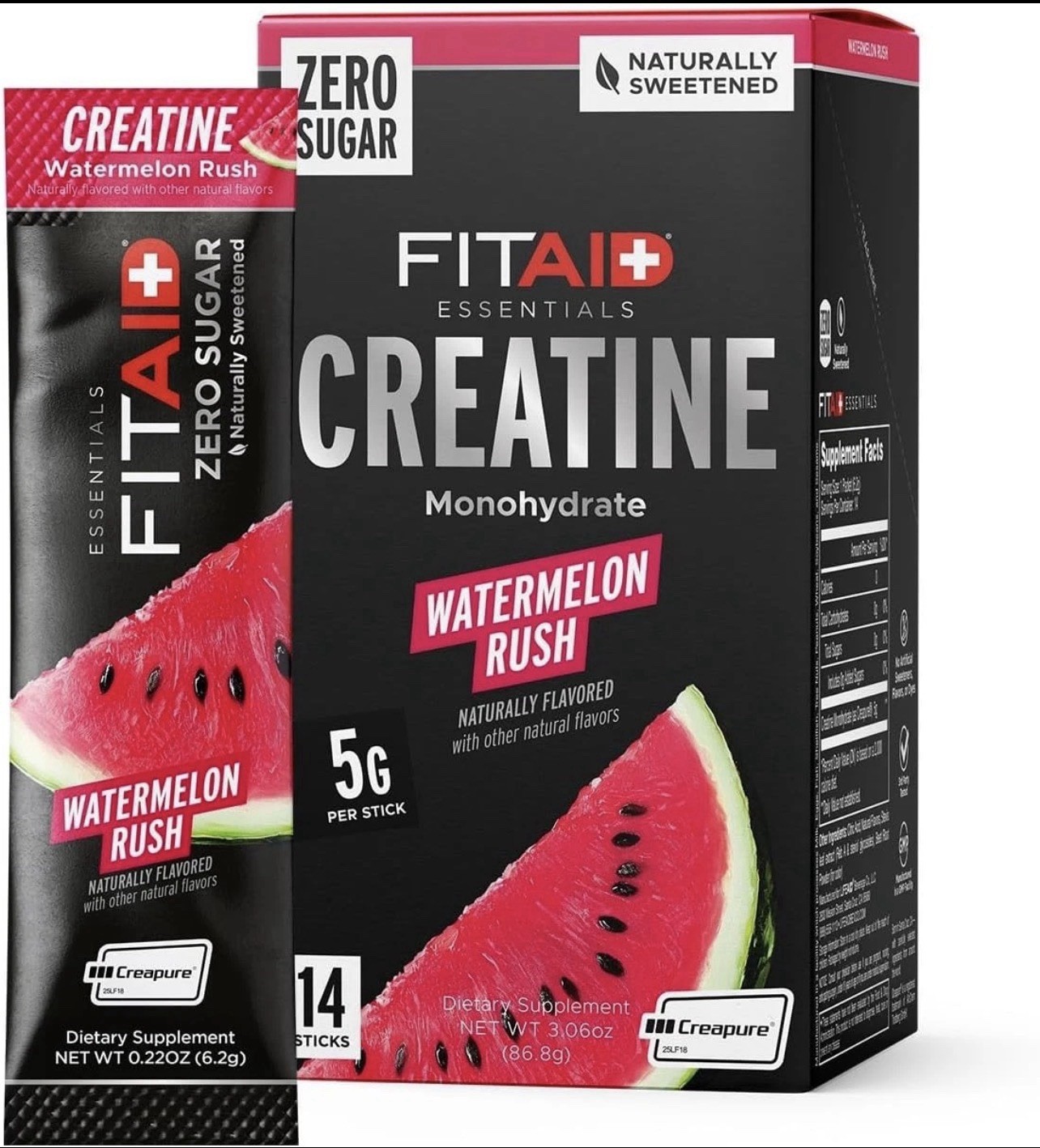 FITAID Creatine Powder, Watermelon Rush, 14 Packets, 14 Servings