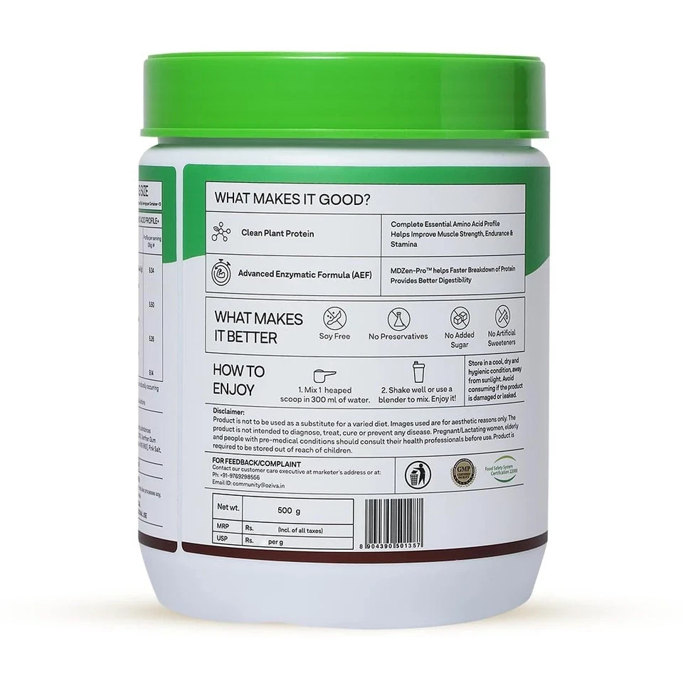 OZiva Plant Protein Powder Chocolate 500g 25g Protein BCAA Vegan No Sugar