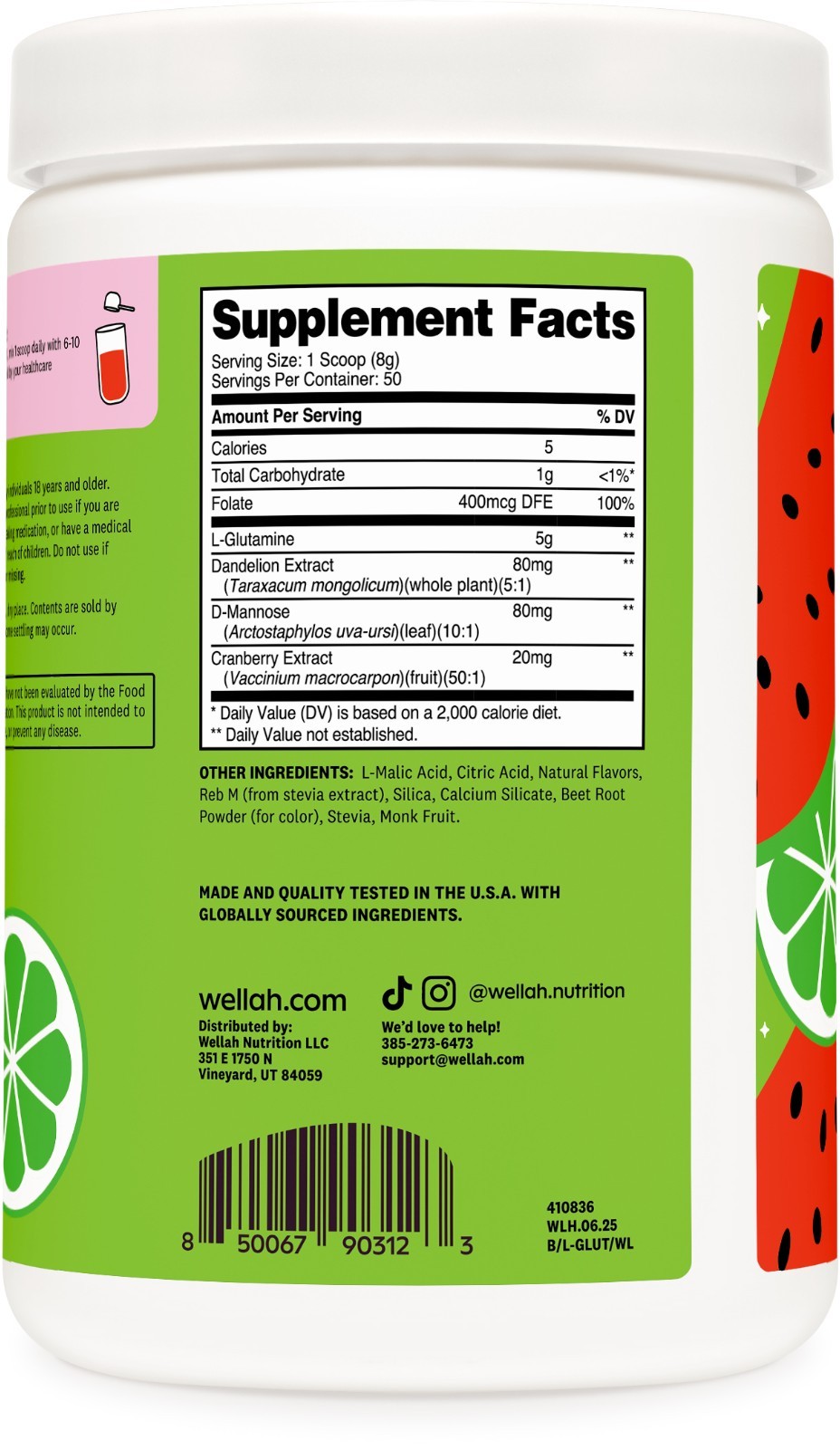 Wellah L-Glutamine Watermelon Lime Powder (50 Servings) – 5g L-Glutamine