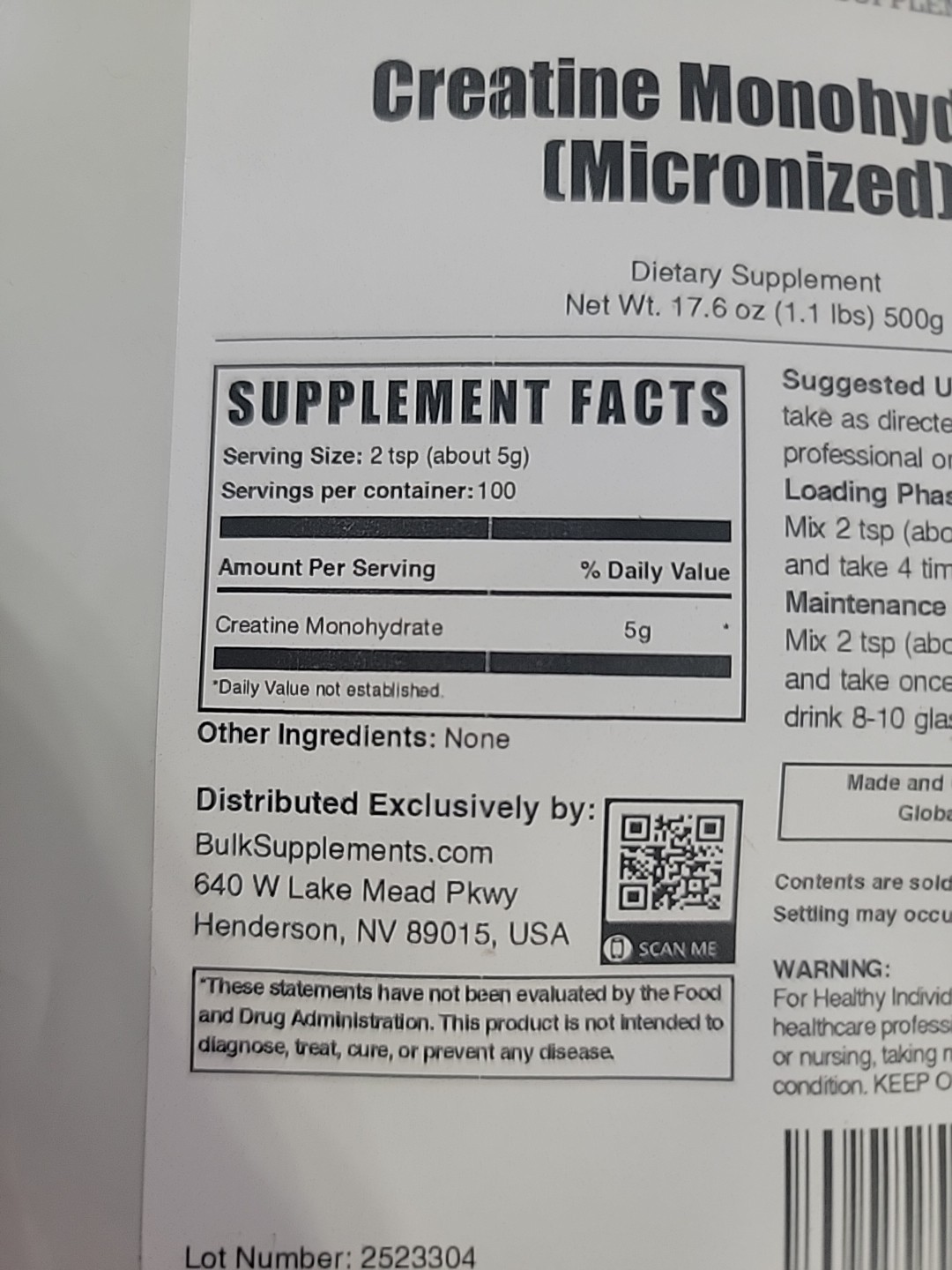 BulkSupplements Pure Micronized Creatine Monohydrate Powder 1.1 lbs 100 serving